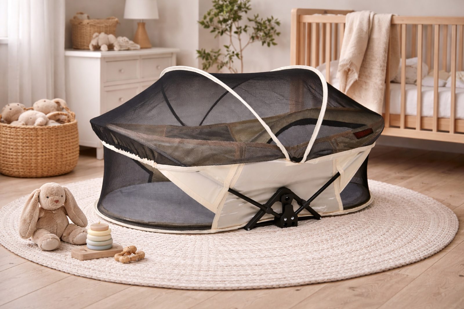 Babybed met klamboe in een kinderkamer