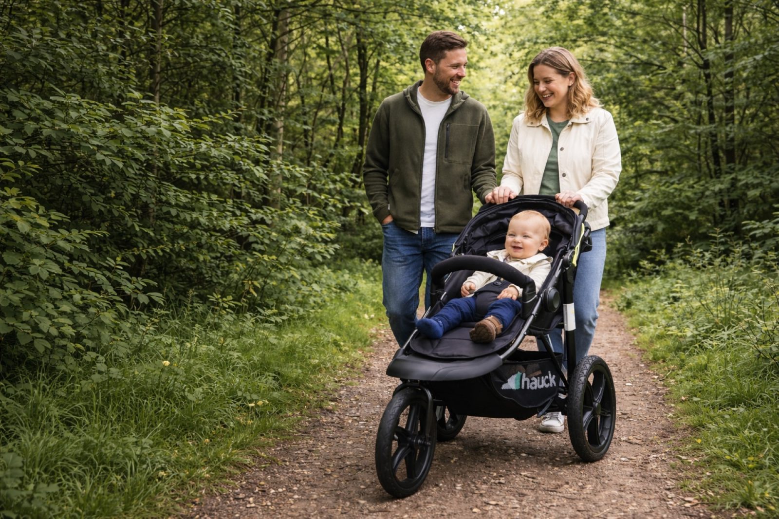 Ouders wandelen met kind in de buggy door het bos