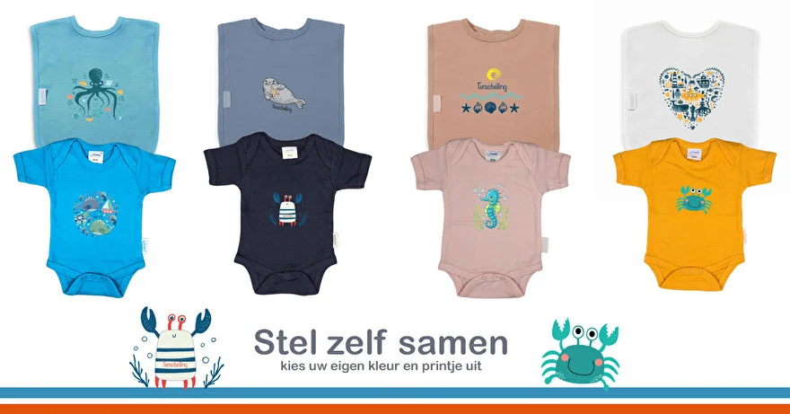 Rompertjes en slabbetjes met marine-plaatjes: stel zelf samen, kies uw eigen kleur en printje