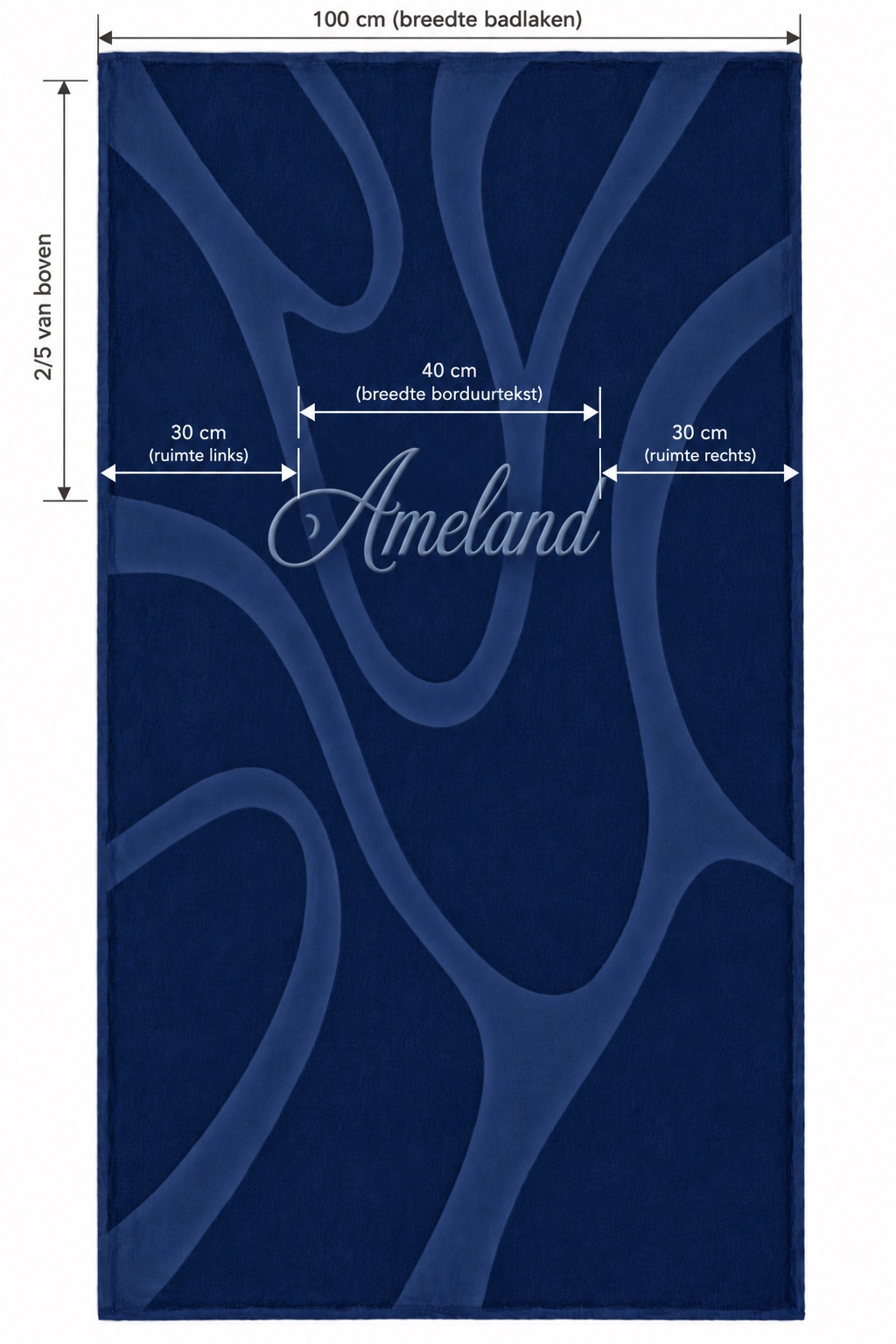 Strandlaken Waves XXL in navy, geborduurd met Ameland: tekst 40 cm breed, in het midden op tweevijfde van de bovenkant